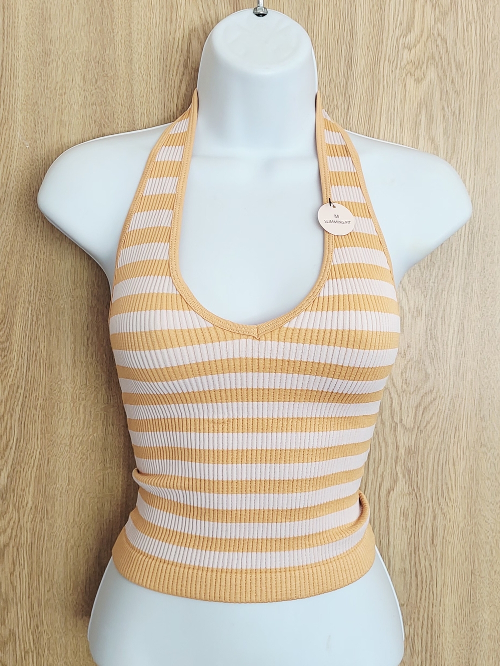 🩷 NWT Striped Ribbed Halter Tank Top in Peach and Cream